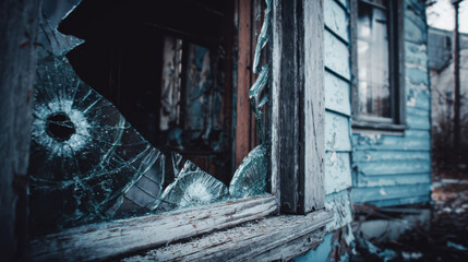 Poverty Inflation and Economic Crisis Broken glass abandoned house decay poverty economic crisis inflation destruction old window weathered wood