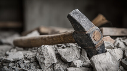 Poverty Inflation and Economic Crisis Hammer on rubble symbolizing economic crisis and inflation impact causing poverty and hardship