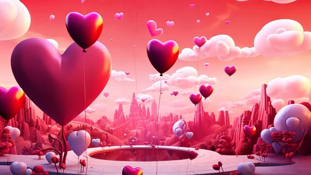 Valentine Day greeting card with surreal romantic landscape full of hearts