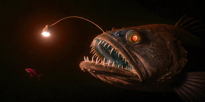 Deep Sea Anglerfish with Glowing Bioluminescent Lure in the Dark Abyss
