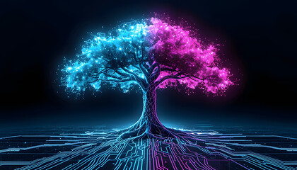 Digital Eco-System Tree with Glowing Data Leaves and Root Network