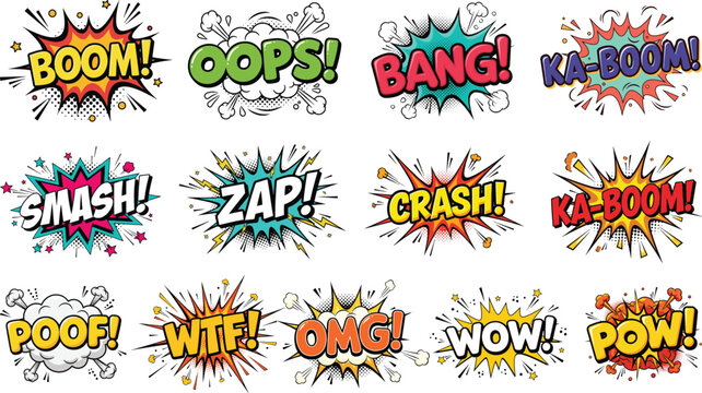 Comic Sound Effects Speech Bubbles Set with Boom, Bang, Wow, Zap and Pop Art Explosion Text