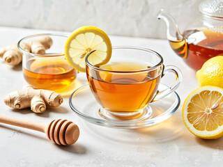 A potent warming ginger tea in a glass cup, served with fresh lemon halves, ginger root, and golden honey. This invigorating spicy drink is designed to provide deep heat, boost energy, and support the