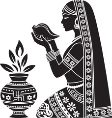 A serene indian woman offering a shell to a sacred flame amidst floral decor