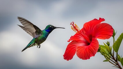 Obraz premium Hummingbird feeding on hibiscus flower