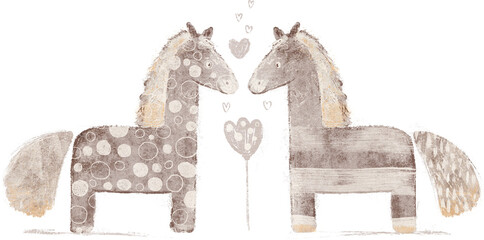 Whimsical little horses romantic illustration. Valentine's Day greeting card.Hand-drawn stylized animal illustration