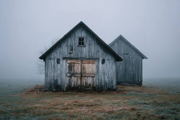 Obraz premium old abandoned barn in a foggy field with broken wooden doors