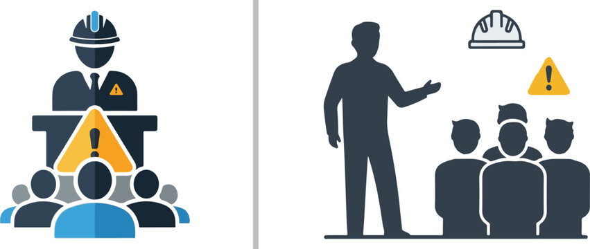 Vector icons depicting occupational safety training and briefings. A construction supervisor leads a meeting with workers, featuring warning signs and safety helmets for industrial site guidance.