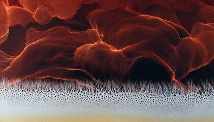Macro photograph of a dark red liquid swirling above a layer of white foam with delicate dendritic patterns forming at the interface, creating a dynamic artistic background