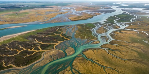 Aerial Perspective of Intricate River Delta Channels and Marshland Wetlands