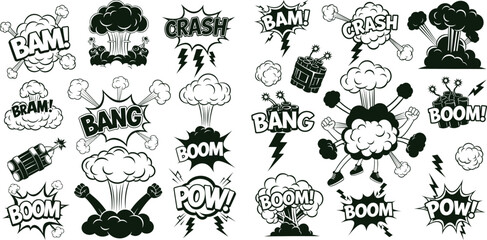 Naklejka premium Collection of comic book style explosion clouds and dynamic sound effect bursts