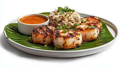 Delicious grilled scallops are served with savory rice and a flavorful sauce on a banana leaf, creating a visually appealing culinary experience for diners.