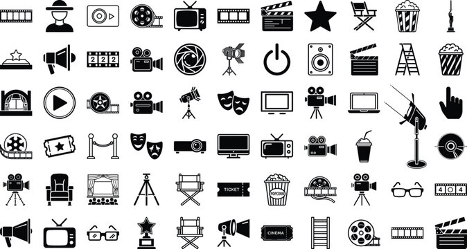 Collection of flat black silhouette icons representing film production, movie watching, and cinema entertainment industry
