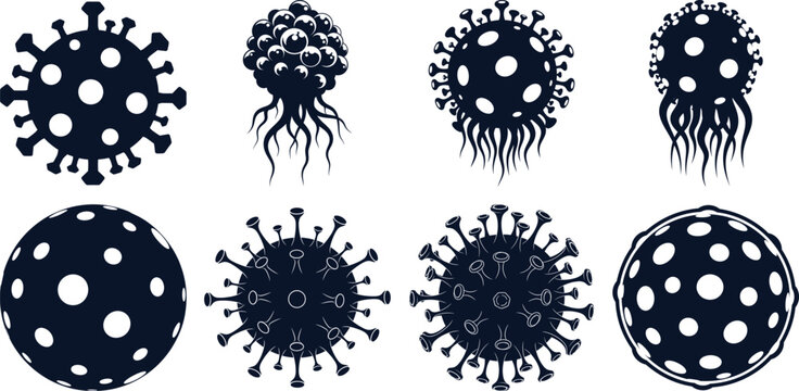 Collection of microscopic pathogen shapes and virus particle silhouettes for scientific and health concepts
