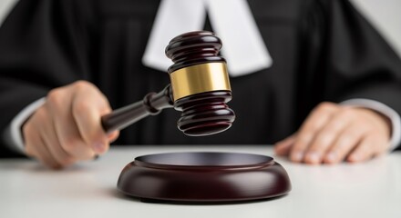 Male judge with gavel at judicial desk. Justice and law court concept with lawyer. Bidding and auction concept for website.