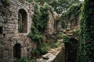 Naklejka premium ruined castle walls with ivy creeping up cracked stones
