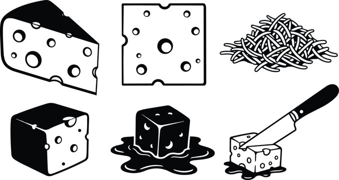 Flat design cheese icon set showing wedge slice square cube melting cube grated pile and knife cutting close up simple black and white line art illustration