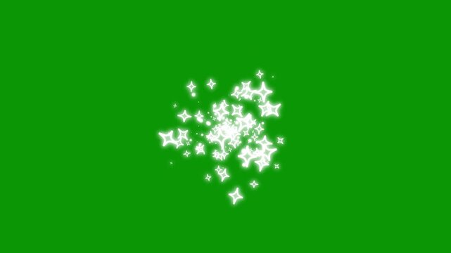 Shimmering fairy dust glitter star trail, white blinking doodle stars, flat vector glowing stars, white twinkling cartoon stars, shiny glow particles bokeh light on green screen. 4k loop animation