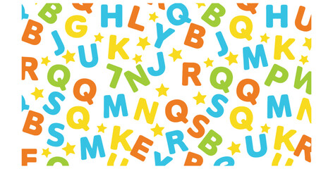 Vibrant seamless pattern featuring scattered colorful uppercase alphabet letters and small yellow stars on a clean white background suitable for educational materials. © Mst Zakia