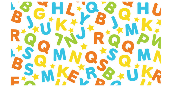 Vibrant seamless pattern featuring scattered colorful uppercase alphabet letters and small yellow stars on a clean white background suitable for educational materials.