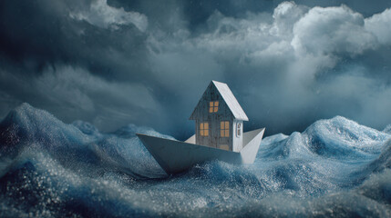 Poverty Inflation and Economic Crisis Paper house on boat floating in stormy sea symbolizes economic crisis and inflation impact on poverty