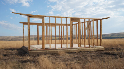 Poverty Inflation and Economic Crisis Wooden frame construction in dry field under blue sky shows economic crisis and inflation impact on poverty