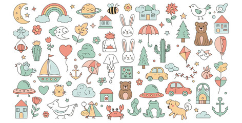 Collection of charming pastel-colored doodle icons featuring cute animals, nature elements, travel items, and whimsical objects perfect for children's design projects
