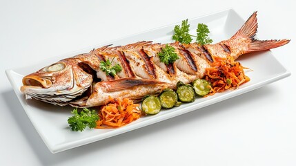 A whole grilled snapper served on a white rectangular plate with pickled vegetables and parsley garnish ready to be enjoyed for a delicious meal at dinner, Yum!