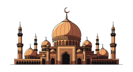 A majestic mosque with a large central dome and minarets isolated on transparent background