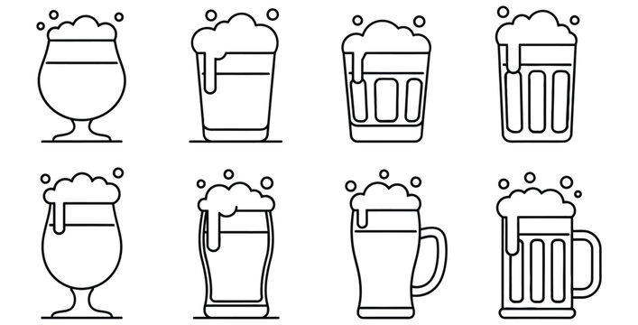 Collection of eight different black line art icons illustrating various beer glasses and foamy mugs ready for a festive celebration or pub menu design