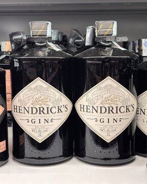 bottles of Hendrick's Gin arranged on the shop shelf. Udine, Italy. January 21, 2026
