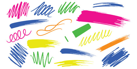 Obraz premium Collection of vibrant neon abstract paint strokes scribbles and brush marks featuring diverse colorful shapes and textures for artistic design elements