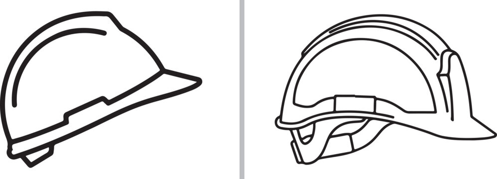Two minimalist line art icons of protective construction hard hats, shown from side and three-quarter perspectives, emphasizing essential safety headgear for industrial and building sites.