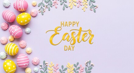 A festive Easter Day greeting card with colorful eggs and flowers on a light purple background