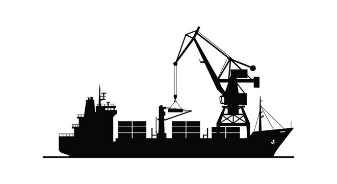 Silhouette of a cargo ship being loaded by a large dockside gantry crane