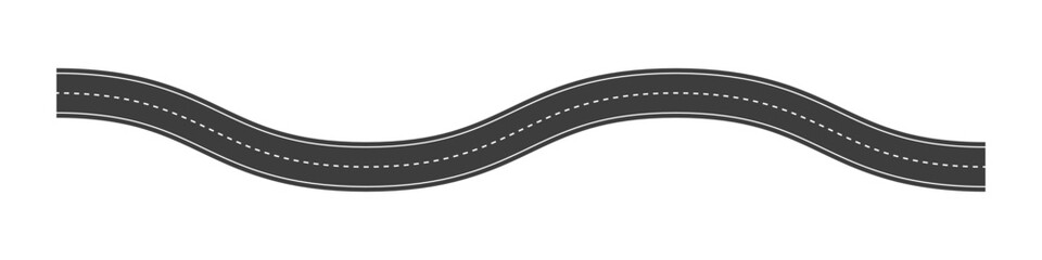Winding asphalt road graphic with white dashed line markings, top view of a curved highway street lane for transportation and traffic concepts, isolated vector element for map design and urban infrast