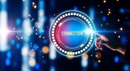 A hand interacts with a glowing blue and red connection interface in a futuristic digital environment