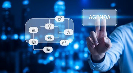 A person interacting with a digital agenda and flowchart in a futuristic blue-lit environment.