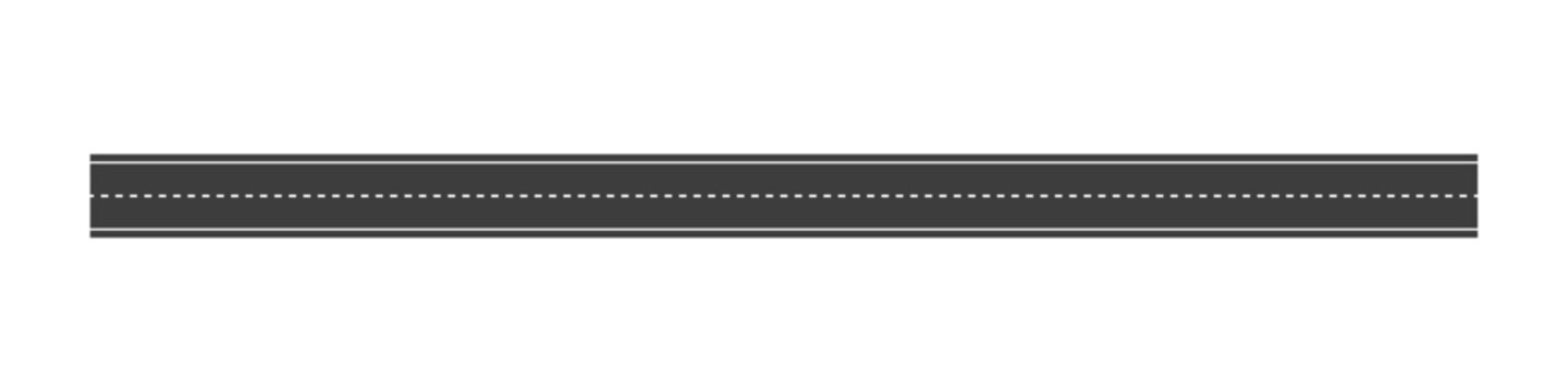 Seamless straight asphalt road graphic with white dashed line markings, top view of a highway street lane for transportation and traffic concepts, isolated vector element for map design and urban infr