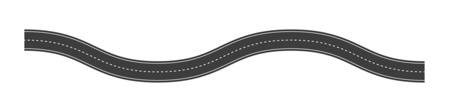 Winding asphalt road graphic with white dashed line markings, top view of a curved highway street lane for transportation and traffic concepts, isolated vector element for map design and urban infrast