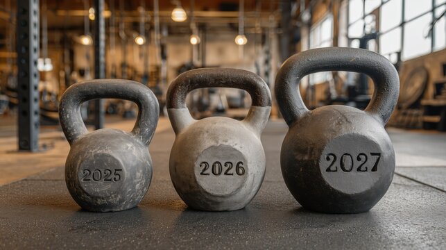 Fitness progress and goal planning concept with kettlebells showing 2025, 2026 and 2027 years