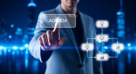 A businessman interacting with a digital agenda interface in a modern cityscape at night