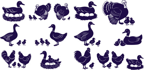 Obraz premium Farm animal poultry silhouettes including ducks, turkeys, geese, hens, chicks, and eggs in nests