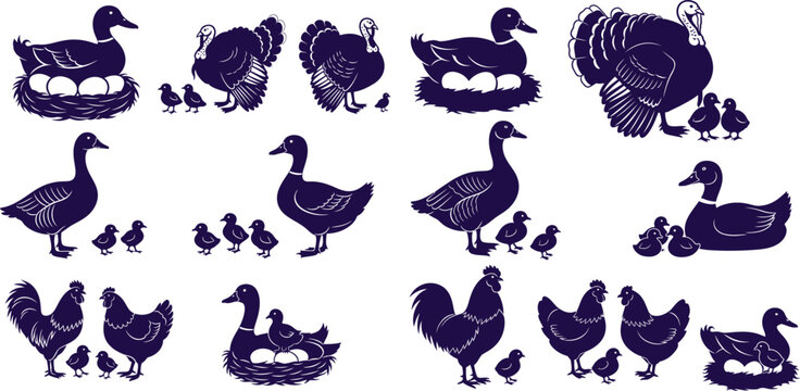 Farm animal poultry silhouettes including ducks, turkeys, geese, hens, chicks, and eggs in nests