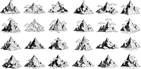 Fototapeta premium Set of hand drawn mountain illustrations with distinct peaks, clouds, and varied base designs