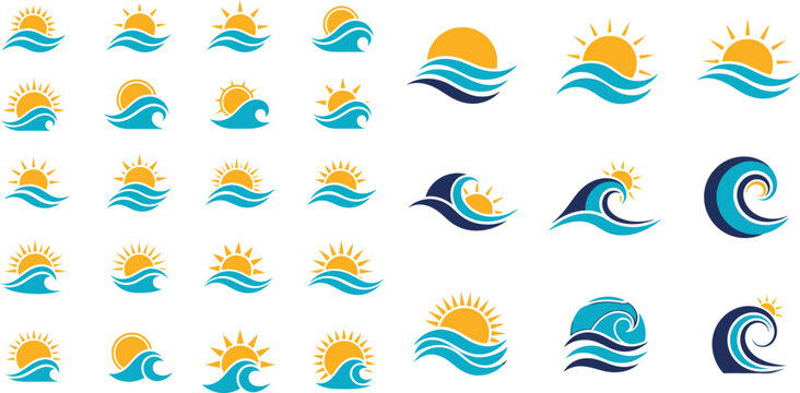 Stylized sun and wave icons depicting ocean scenes with radiant suns and rolling water in modern style