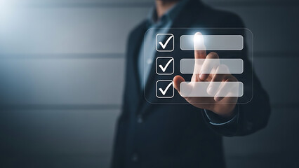 Businessman interacting with a digital checklist interface on a transparent screen