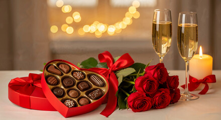 A romantic Valentine's Day backdrop featuring champagne glasses, a bottle of sparkling wine, a heart-shaped box of chocolates, and festive bokeh lights. Perfect for greeting cards and celebrations.