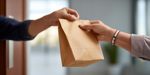 Close-up of two people exchanging a brown paper bag indoors with blurred background and natural light