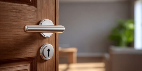 Obraz premium Close-up of modern silver door handle and keyhole on wooden door with blurred interior background and natural light